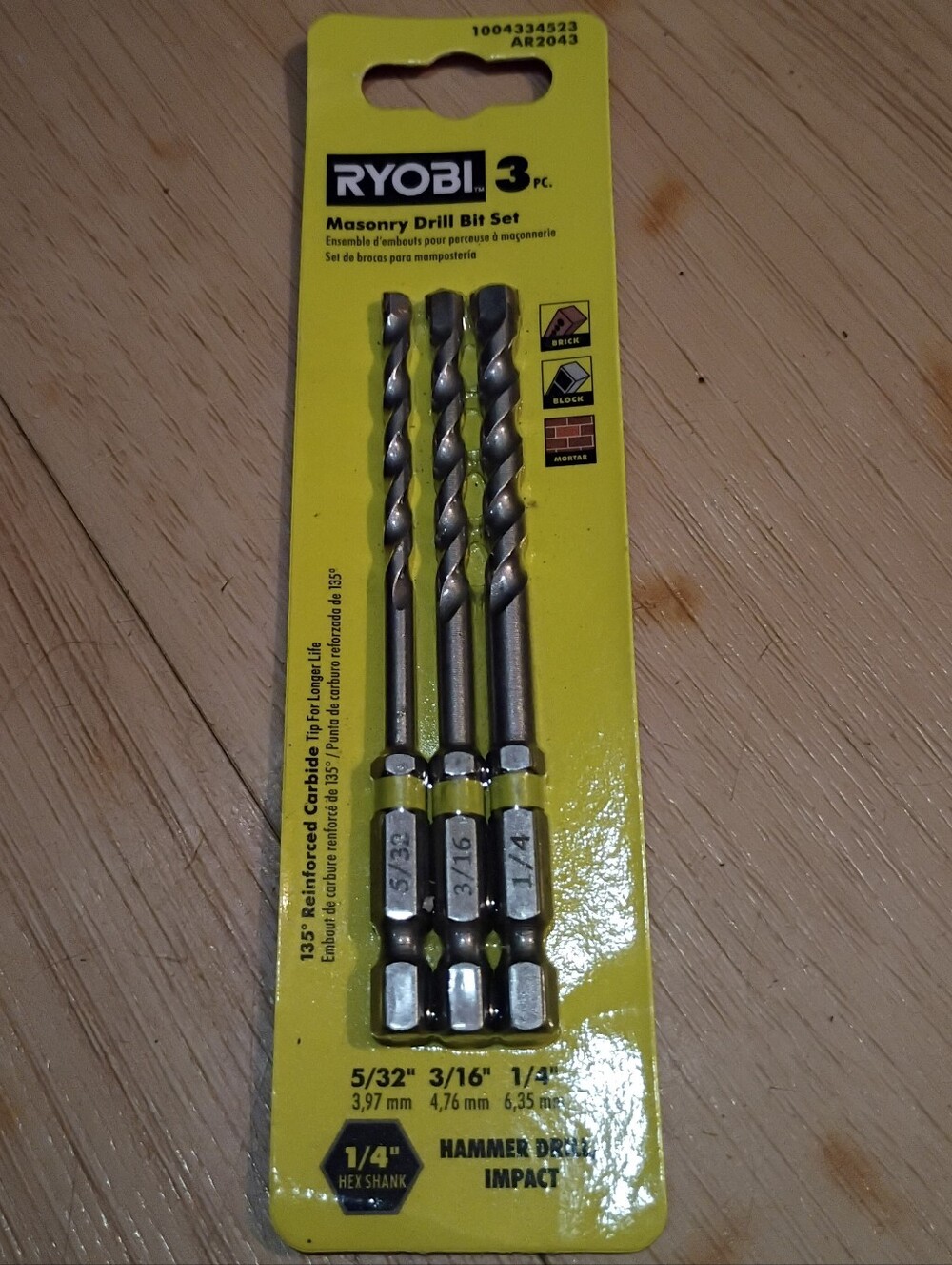 Nwt Ryobi Masonry Drill Bit Set - 3-Piece Gray Hex Shank (5/32", 3/16", 1/4") - Picture 3 of 4